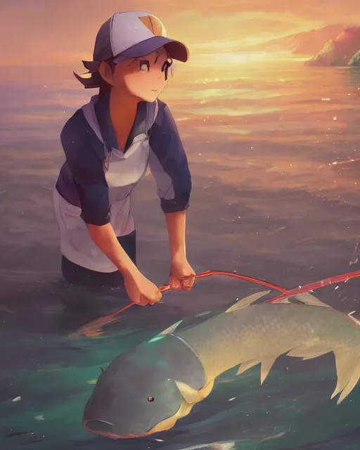 Image similar to a female pokemon trainer fishing for magikarp, full shot, atmospheric lighting, detailed face, by makoto shinkai, stanley artger m lau, wlop, rossdraws, james jean, andrei riabovitchev, marc simonetti, krenz c