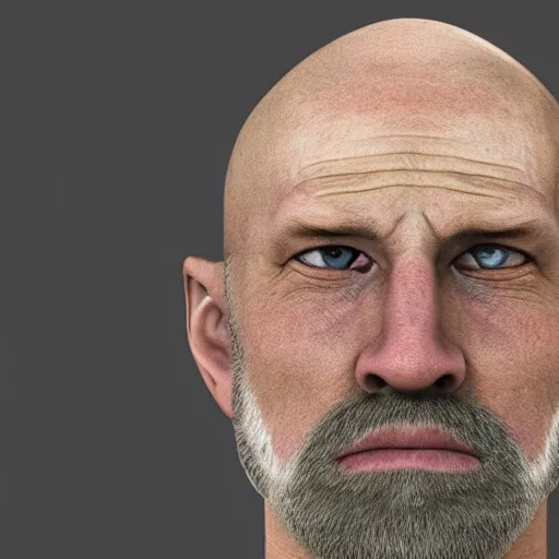 Prompt: A mugshot portrait of a bald old man who looks like Jerma985 with a beard, wearing mid-1980s menswear in the late 2008, taken in the late 2010s, grainy, realistic, hyperrealistic, very realistic, highly detailed, very detailed, extremely detailed, detailed, trending on artstation, front facing, front view, headshot and bodyshot, detailed face, very detailed face