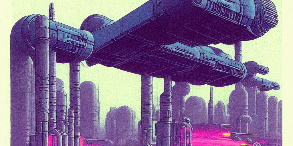 Prompt: grainy risograph matte painting of gigantic huge mech covered with rocket launchers, 5 th element, gattaca, pastel matte colors, staying in the foggy huge parking station, by moebius, hyperrealism, intricate detailed