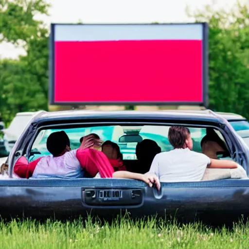 Image similar to a couple sits in a car at a drive - in movie