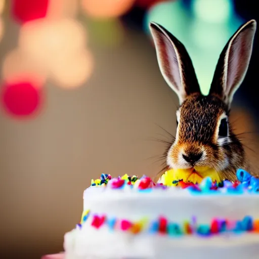 Prompt: photo of baby rabbit eating birthday cake, cinematic, 4 k, highly detailed, strong bokeh