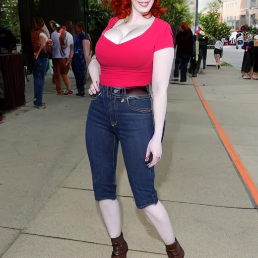 Image similar to christina hendricks from back with jorts,