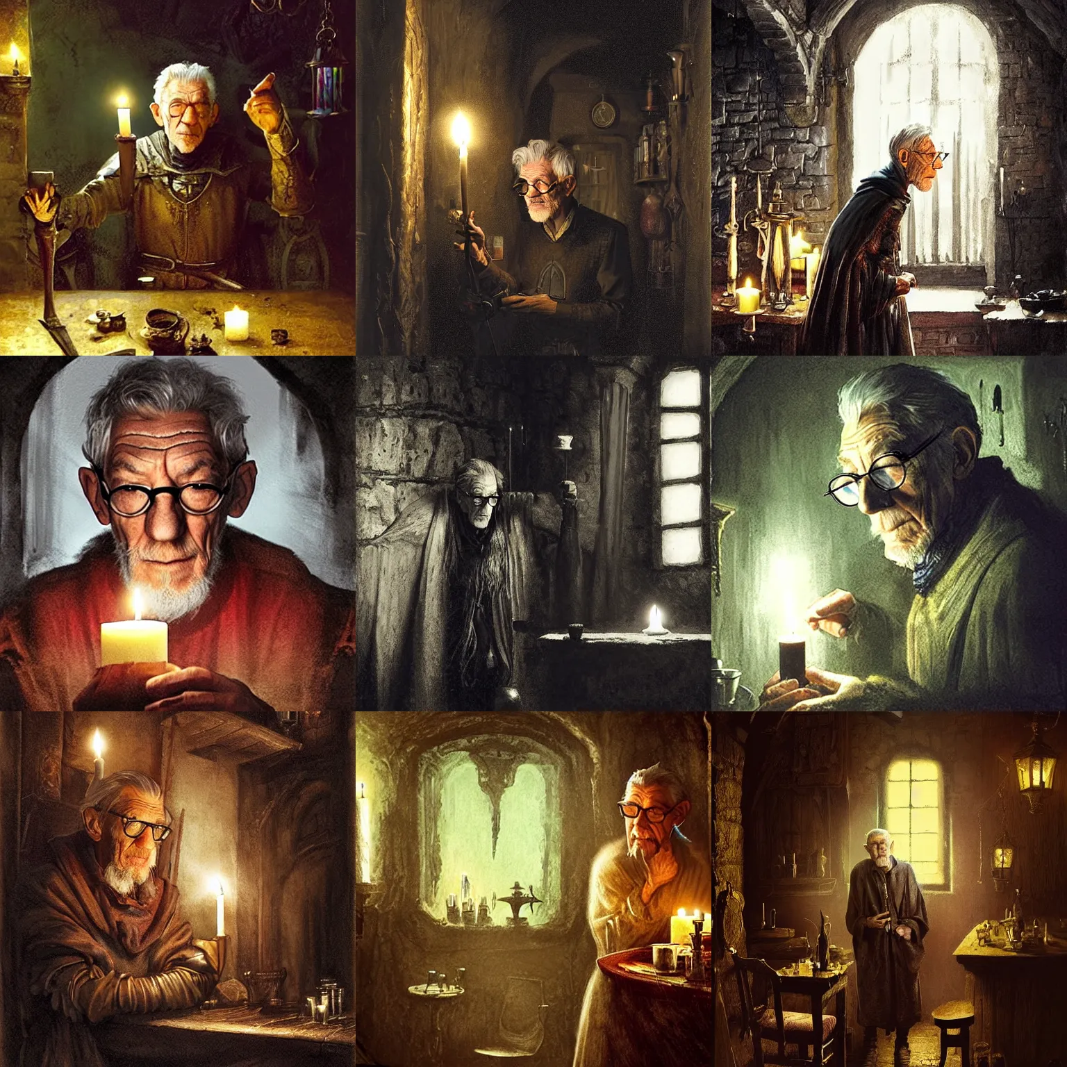 Prompt: skinny, cautious, paranoid 7 0 years old alchemist ( ian mckellen with a long goatee and with scissor glasses ), looks around in a dark medieval inn. extreme close up, dark shadows, colorful, candle light, law contrasts, fantasy concept art by jakub rozalski, jan matejko, and j. dickenson