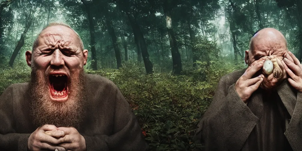 Image similar to a awardwinning wideangle colorchrome photo of a screaming old priest, long beard with 6 eyes, praying. in a forest surrounded by huge mushrooms, beautiful cinematic atmospheric lightning, style Steve McCurry, octane 8k render