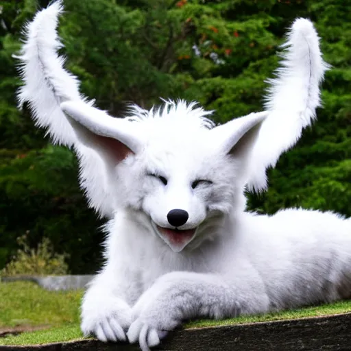 Image similar to white furry dragon with a blue neck mane, 2 grey horns, and fennic fox ears