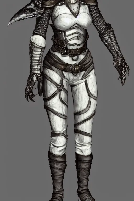 Image similar to female adventurer in tight full - body leather armor of argonian design with white porcelain crow mask, trending in artstation, establishing shot