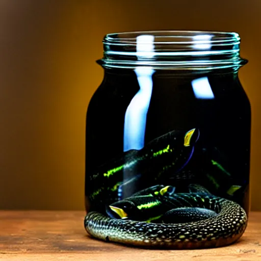 Prompt: a glass jar of black eels