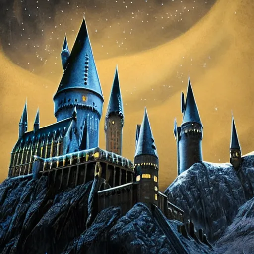 Prompt: hogwarts at night, winter, digital art, detailed, cinematic