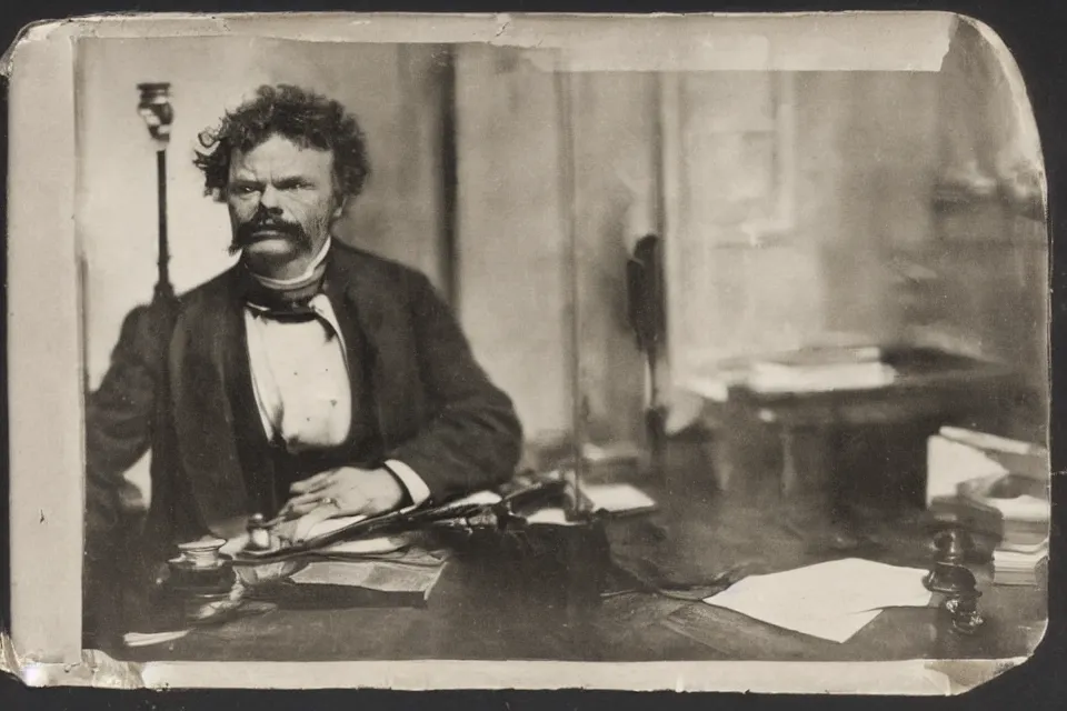 Prompt: wet plate photograph, august strindberg angry banging his fist on a secretary desk in a small messy viennese apartment, night time, alone, lamplight, victorian era, depth of field, very detailed, highly accurate, intricate