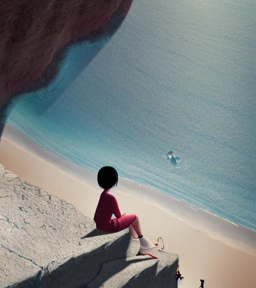 Prompt: a girl wearing a skirt sitting on a cliff overlooking a beach. intricate artwork by Tooth Wu and wlop and beeple. octane render, hyper realism, 8k