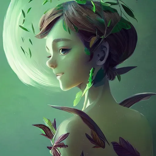 Prompt: an earth pixie fairy with green leaf wings, elegant, highly detailed, digital painting, artstation, concept art, sharp focus, illustration, strong brush stroke, anime, sharp focus, ghibli studio, art by ilya kuvshinov, rossdraws