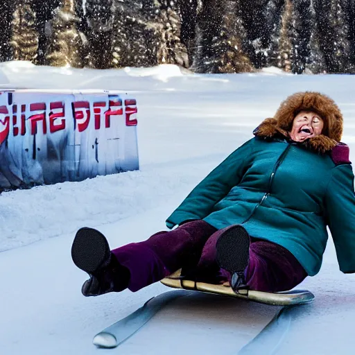 Image similar to professional photo, an elderly woman sliding down an incredibly long ice luge on her back at incredibly high speeds