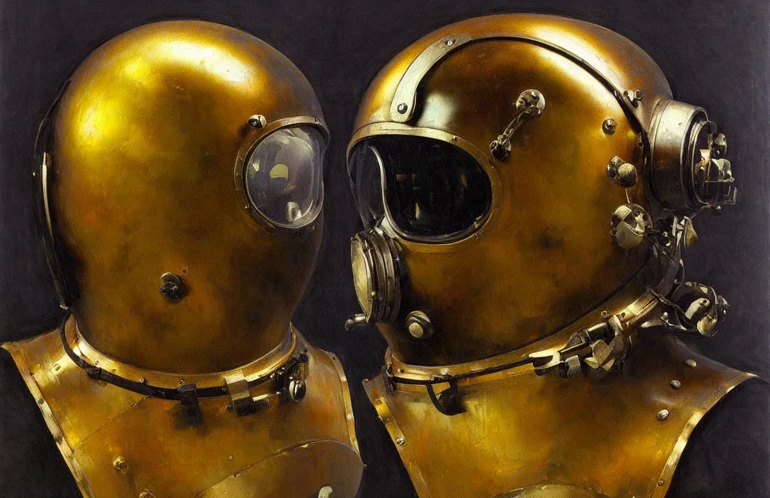 Image similar to portrait of deep sea diver helmet!!!!!!!!!!!!!!!!!!!!!!!!!!!, detailed face, detailed painting, epic lighting, by ilya repin, phil hale and kent williams