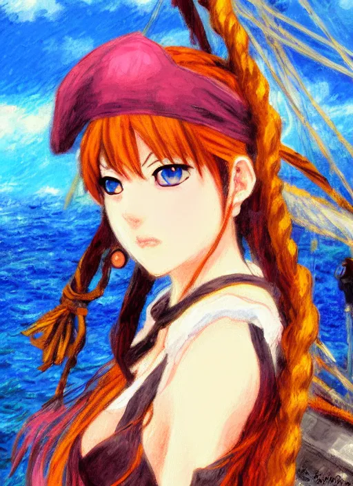 Image similar to a portrait of a female pirate, very anime in impressionist style, anime trending artwork, 4 k, anime painter studio, by claude monet