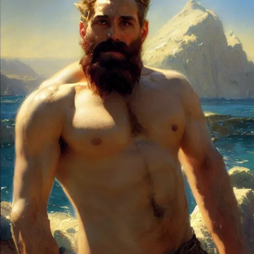 Image similar to detailed cinematic wide shot of sea captain muscular attractive masculine man beard slim face symettrical face clean skin blue eyes white hair, ultra realistic, spring light, painting by gaston bussiere, craig mullins, j. c. leyendecker