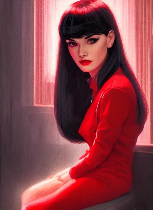 Image similar to portrait of veronica lodge with bangs, 1 9 6 0 s, long hair, red clothes, bangs, intricate, elegant, glowing lights, highly detailed, digital painting, artstation, concept art, smooth, sharp focus, illustration, art by wlop, mars ravelo and greg rutkowski