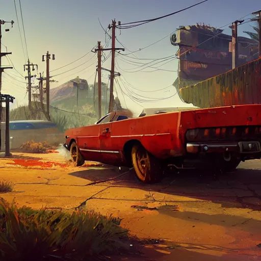 Image similar to huge pack of dynamite on a red rusty oil - drum in gta v, stephen bliss, unreal engine, fantasy art by greg rutkowski, loish, rhads, ferdinand knab, makoto shinkai and lois van baarle, ilya kuvshinov, rossdraws, tom bagshaw, global illumination, detailed and intricate environment