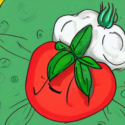 Prompt: a cartoon drawing of a wild tomato playing with a mozzarella ball, basil flying everywhere