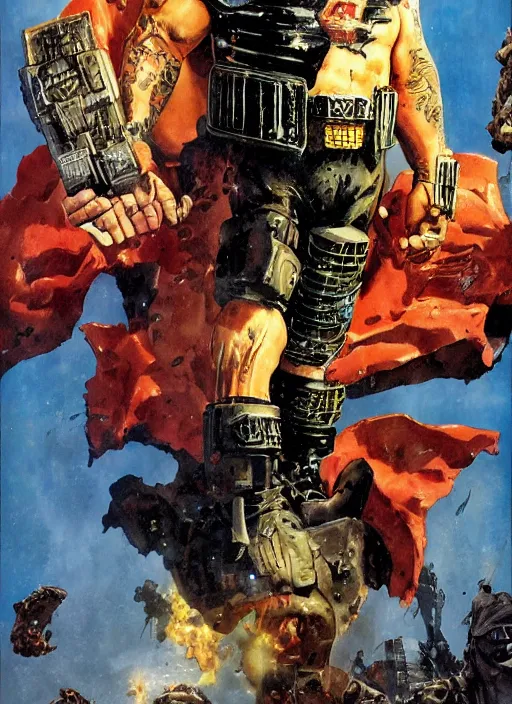 Image similar to full body and head portrait of martyn ford as judge dredd running from the thing, dynamic action, painted by norman rockwell and phil hale and greg staples and tom lovell and frank schoonover and jack kirby