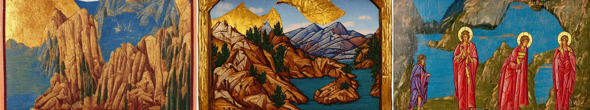 Prompt: lakeside mountains, byzantine icon