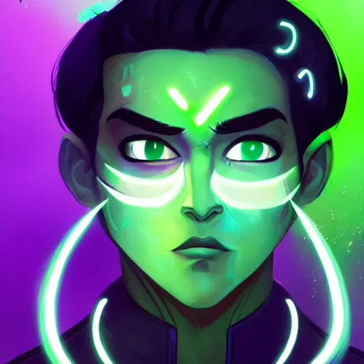 Prompt: a digital matte intricate face illustration concept art, young danny phantom with glowing green eyes cute alt art fashion inspired by charlie bowater and wlop and mark arian and ross tran + neon colors, symmetry, intricate complexity, epic composition, magical atmosphere, highly detailed, cinematic lighting + masterpiece, trending on artstation + 8 k