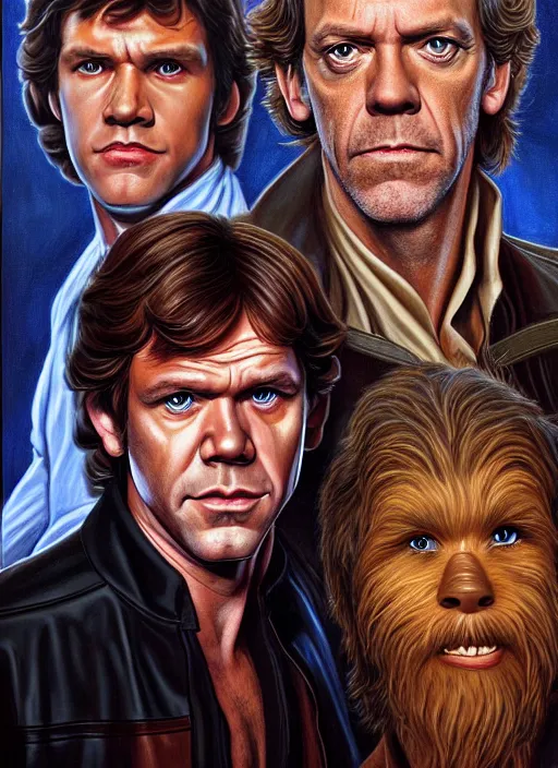 Prompt: portrait of hugh laurie as han solo in star wars, very detailed eyes, hyperrealistic, very detailed painting by glenn fabry, by joao ruas, by artgerm