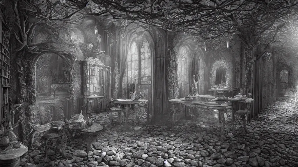 Prompt: a beautiful hyper realistic detailed matte painting of the owl manor, a place where you will be lost in strange room full of optical illusion, dramatic lighting, dynamic lighting, cinematic lighting, dynamic lighting, cinematic lighting, lit by morning light, by maurits cornelis escher, black and white, featured on artstation, ultrawide angle