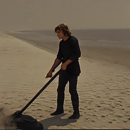 Prompt: Anakin Skywalker vacuuming the beach to remove sand, highly realistic