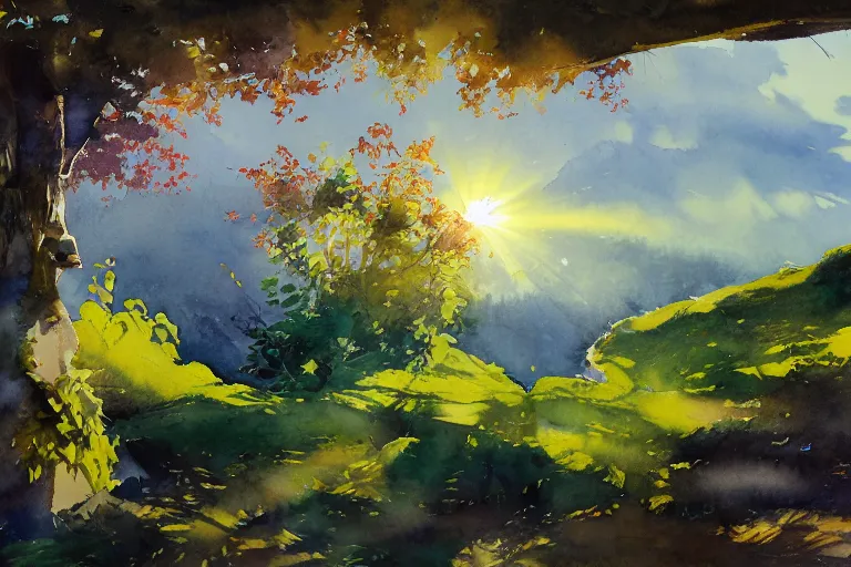 Image similar to small centered on watercolor paper, paint brush strokes, abstract watercolor painting of madeira landscape, traditional hayroof house, sunlight shining through leaf, translucent leaves, cinematic light, national romanticism by hans dahl, by jesper ejsing, by anders zorn, by greg rutkowski, by greg manchess, by tyler edlin