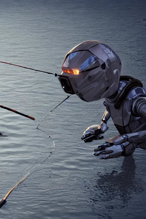 Prompt: hyper - realistic rendering of a robot fishing in the river, realism, volumtric lighting, artstation, octane 3 d, vray render, 4 k