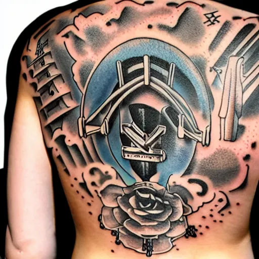 Image similar to sp - 4 0 4 audio mixer in the style of tattoo along female lower back