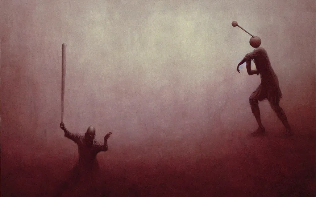 Image similar to painting of a man playing baseball with eldritch beings, by Zdzislaw Beksinski, gothic, amazing details, cold hue's, warm tone gradient background