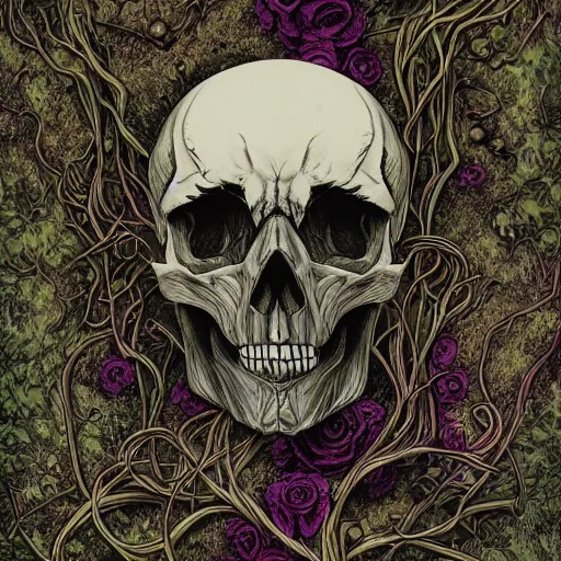 Prompt: overgrown skull inspired by René Laloux,Dan Mumford,twisted ivy vines,moss,black roses,moodboard,cinematic