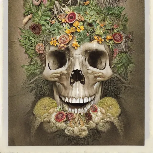 Image similar to a beautiful detailed front view baroque portrait of a rotten woman corpse becoming almost a skull with fractal plants and fractal flowers and mushrooms growing around, intricate, ornate, volumetric light, beautiful lit, polaroid photography