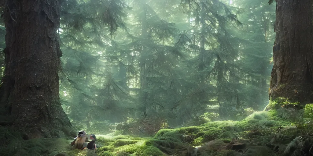 Prompt: a forest, highly detailed oil painting, hyperrealism, ideal lighting, Studio Ghibli, Jessica Rossier, digital art, octane render, beautiful composition, trending on artstation, masterpiece