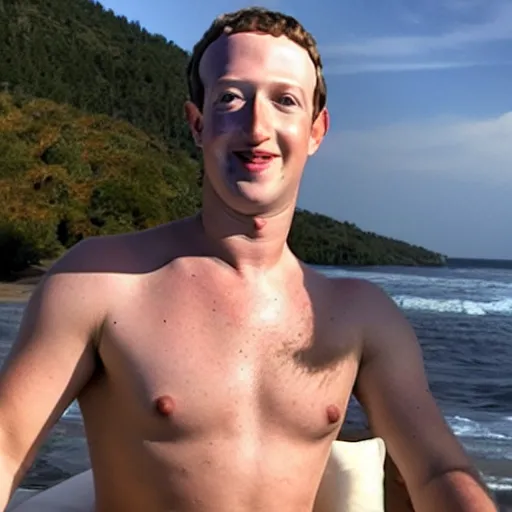 Prompt: mark zuckerberg thirst trap photo, shirtless at the beach