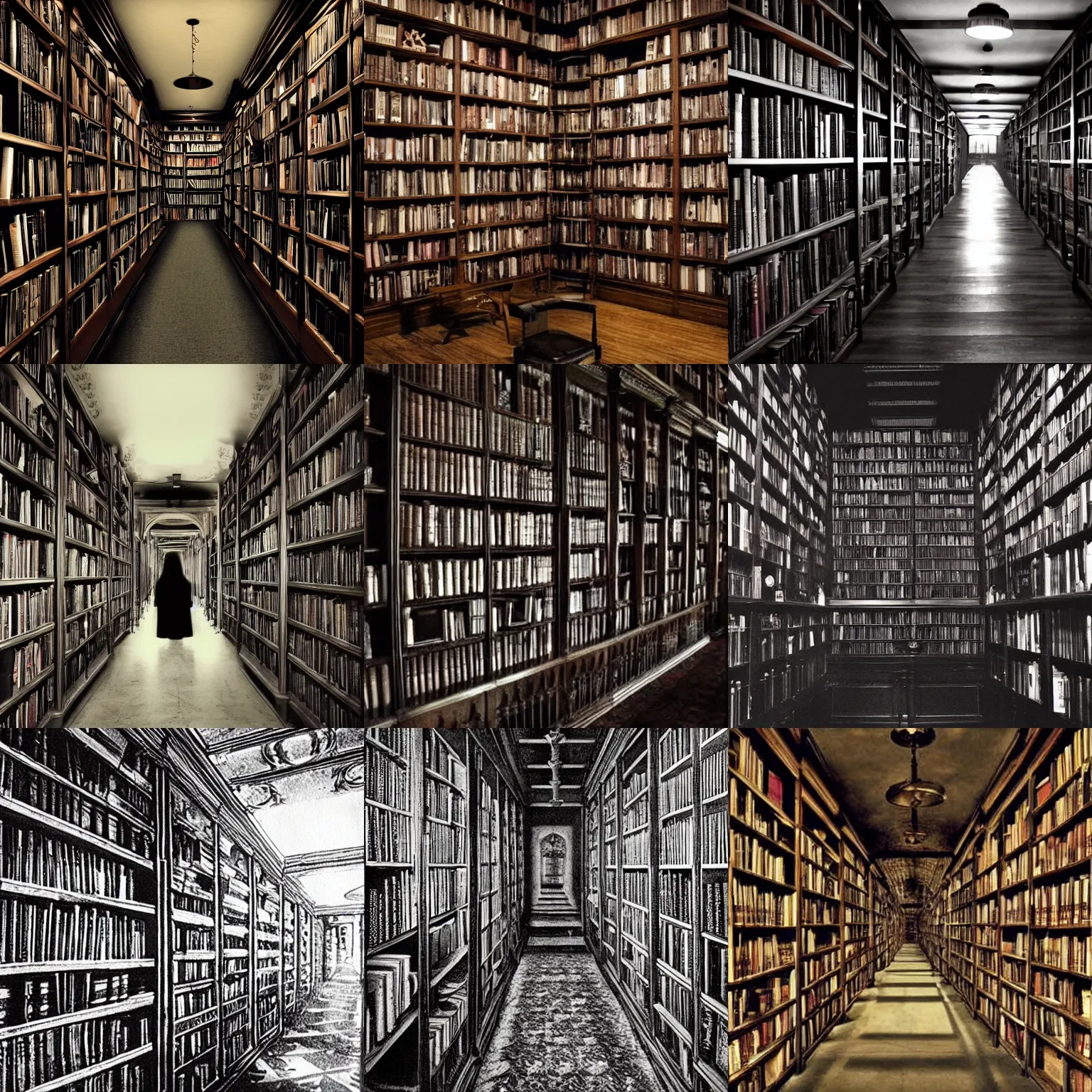 Prompt: dark library, shelves filled with books, atmospheric, dark, gloomy, terror, horror, shadows, dark, creepy, oppressive