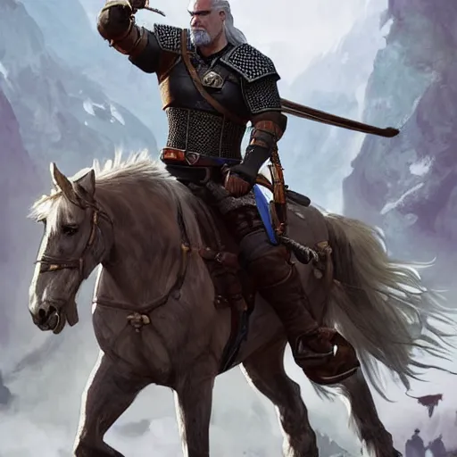 Image similar to geralt the witcher 3 riding a horse meeting with samuel l jackson d & d fantasy intricate elegant highly detailed digital painting artstation concept art matte sharp focus illustration hearthstone art by artgerm art by greg rutkowski art by alphonse mucha