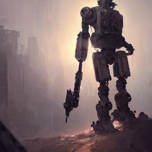 Prompt: a highly detailed uncropped epic cinematic concept art CG render digital painting artwork: dieselpunk robot/man. By Greg Rutkowski, Ilya Kuvshinov, WLOP, Stanley Artgerm Lau, Ruan Jia and Fenghua Zhong, trending on ArtStation, subtle muted cinematic colors, made in Maya, Blender and Photoshop, octane render, excellent composition, cinematic atmosphere, dynamic dramatic cinematic lighting, precise correct anatomy, aesthetic, very inspirational, arthouse