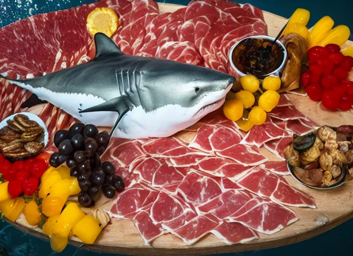 Image similar to underwater photo still of a great white shark looking at a charcuterie platter, 8 k