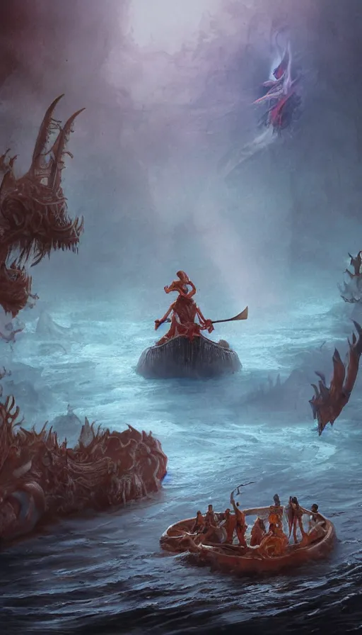 Prompt: man on boat crossing a body of water in hell with creatures in the water, sea of souls, by disney concept artists