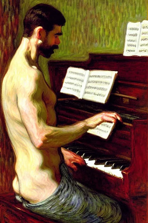 Image similar to attractive man playing piano, painting by tom of finland, john william waterhouse, claude monet