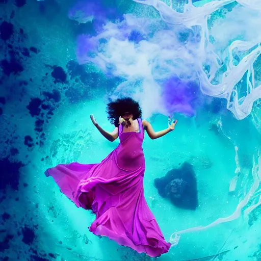 Prompt: woman dancing underwater on alien planet wearing a flowing dress made of blue, magenta, and yellow seaweed, delicate coral sea bottom, swirling silver fish, swirling smoke shapes, unreal engine, caustics lighting from above, cinematic