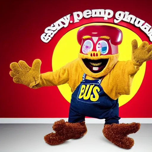 Prompt: Bush's Baked Beans mascot, guy in a big sloppy oily bean costume, studio lighting