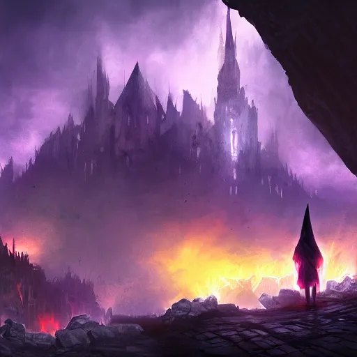 Image similar to a still of a hooded and cloaked figure in black standing in the ruins of crux prime, destroyed castle, purple and blue fiery maelstrom in the distance, digital art, artstationhq