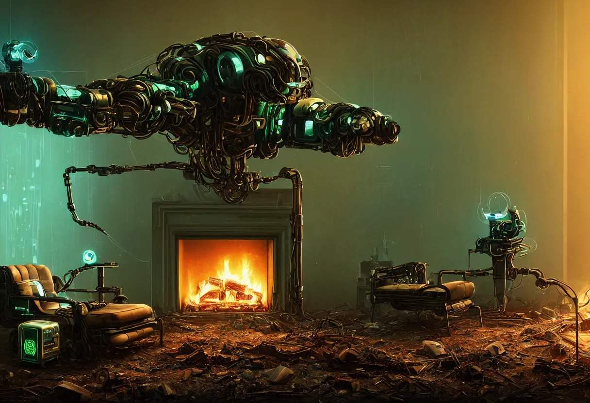 Prompt: A closeup of a lone solitary green and brown decaying futuristic cybertronic robot seated on a fainting couch facing a roaring fire in a huge fireplace in a post-apocalyptic Victorian home, cold blue light from the window, with cinematic lighting and lens flare, tall ceiling, octane render, by Simon Stalenhag and Sylvian Boussiron and Gregory Crewdson and Alfonso Cuaron, award-winning highly detailed 8k anamorphic closeup tight cinematic movie photograph