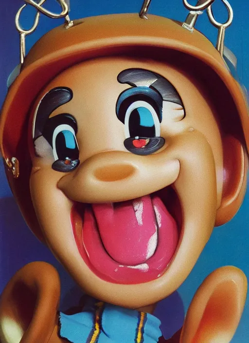 Prompt: a hyperrealistic lowbrow oil panting of a looney kawaii vocaloid figurine caricature with a big dumb goofy grin and pretty sparkling anime eyes featured on Wallace and Gromit by William Holman Hunt