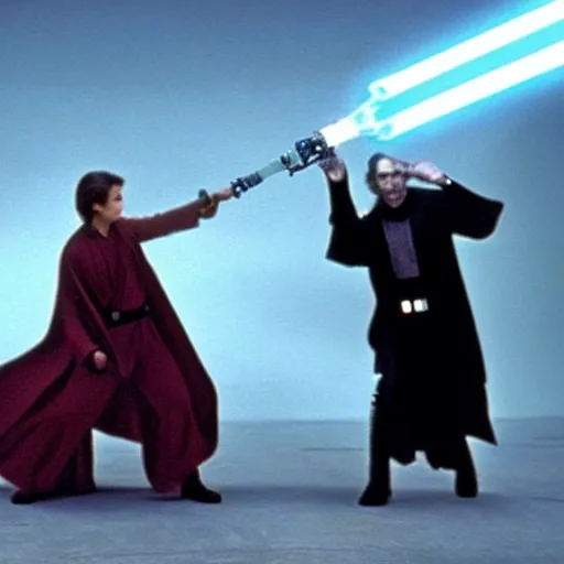 Image similar to a still from star wars : the phantom menace, showing joe biden!!! as a jedi, having a lightsaber duel with spider - man