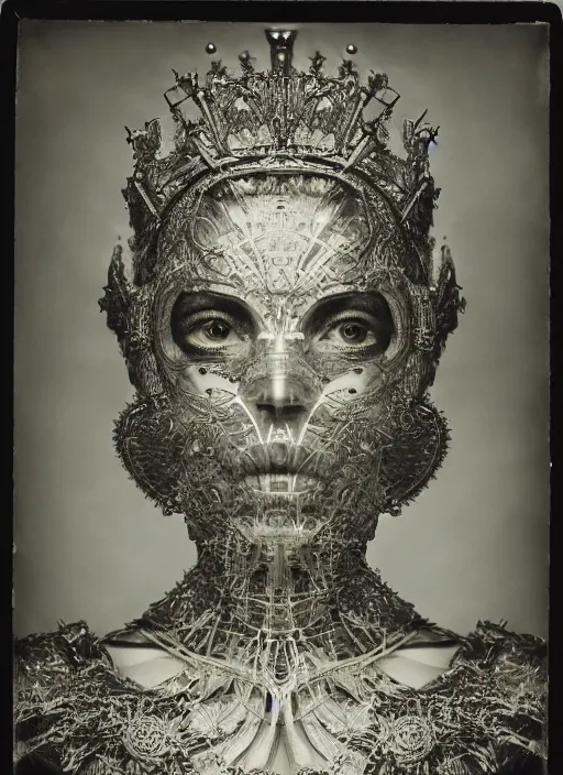 Image similar to old wetplate daguerreotype frame portrait of a futuristic silver armored pretty queen elisabeth emperor district 9 cyborg, fractal, intricate, elegant, highly detailed, subsurface scattering, by jheronimus bosch and greg rutkowski and louis jacques mande daguerre