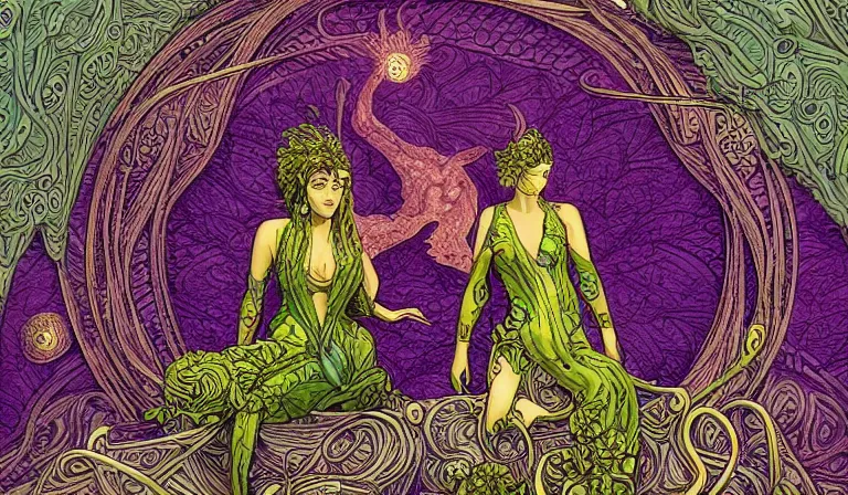 Prompt: floating creatures the ancient gods fantasycore landscape, Precise and Intricate Linework, Art Nouveau Cosmic 4k Detailed Matte Illustration trending on 500px ,CGSociety, Salmon and Chartreuse color scheme, Pastiche by Dave Gibbons, Pastiche by Carla Wyzgala